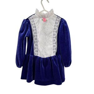 Vintage Toddler Girls 4T Blue Velvet Lace Dress Long Sleeve Party Holiday Used